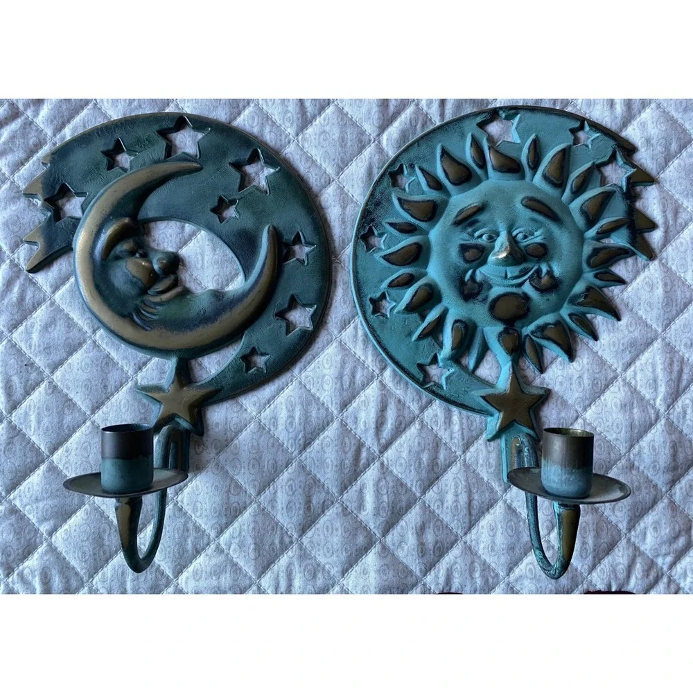 Vintage 1994 Partylite Sun and Moon Wall Sconce Pair Teal Verdigris Celestial - Picture 2 of 14